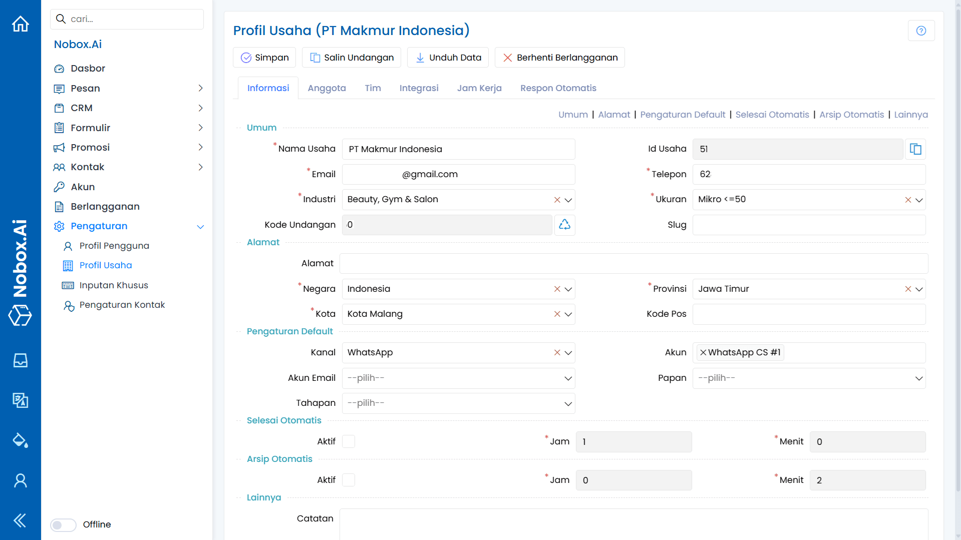 Tampilan Menu Profil Usaha