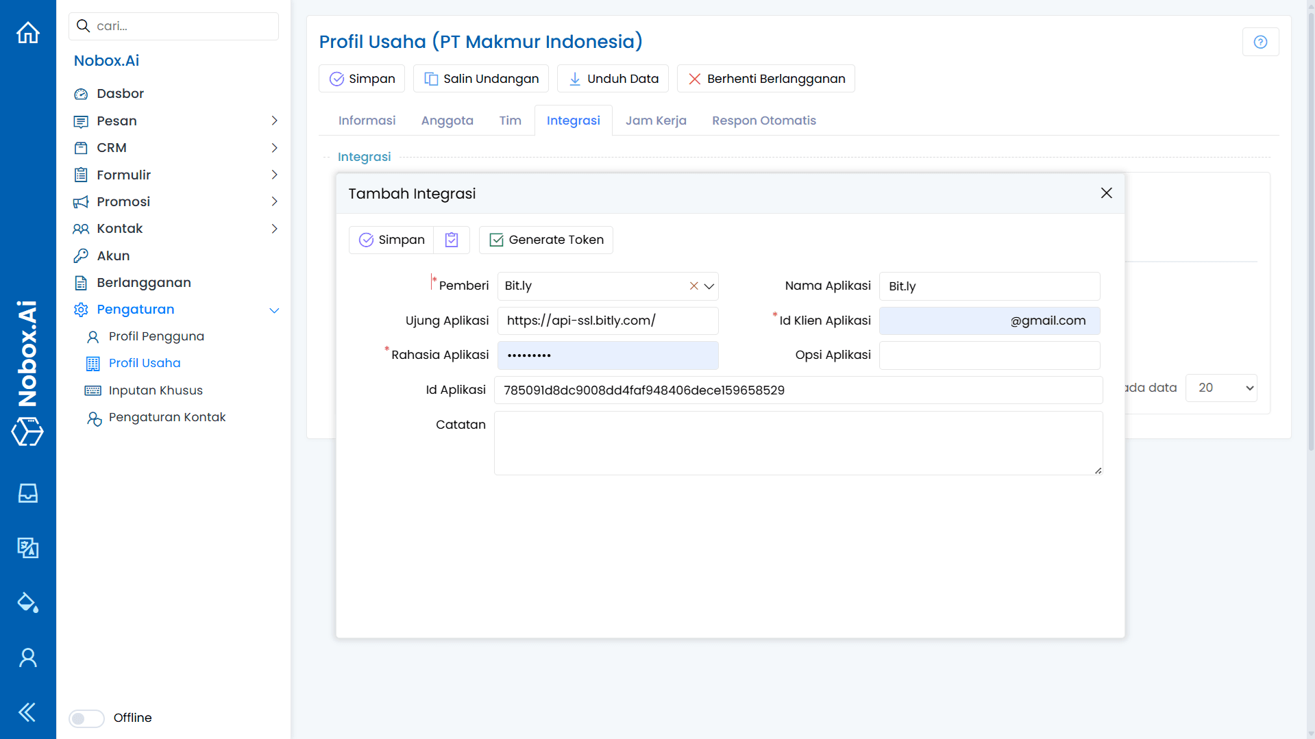 Form Tambah Integrasi