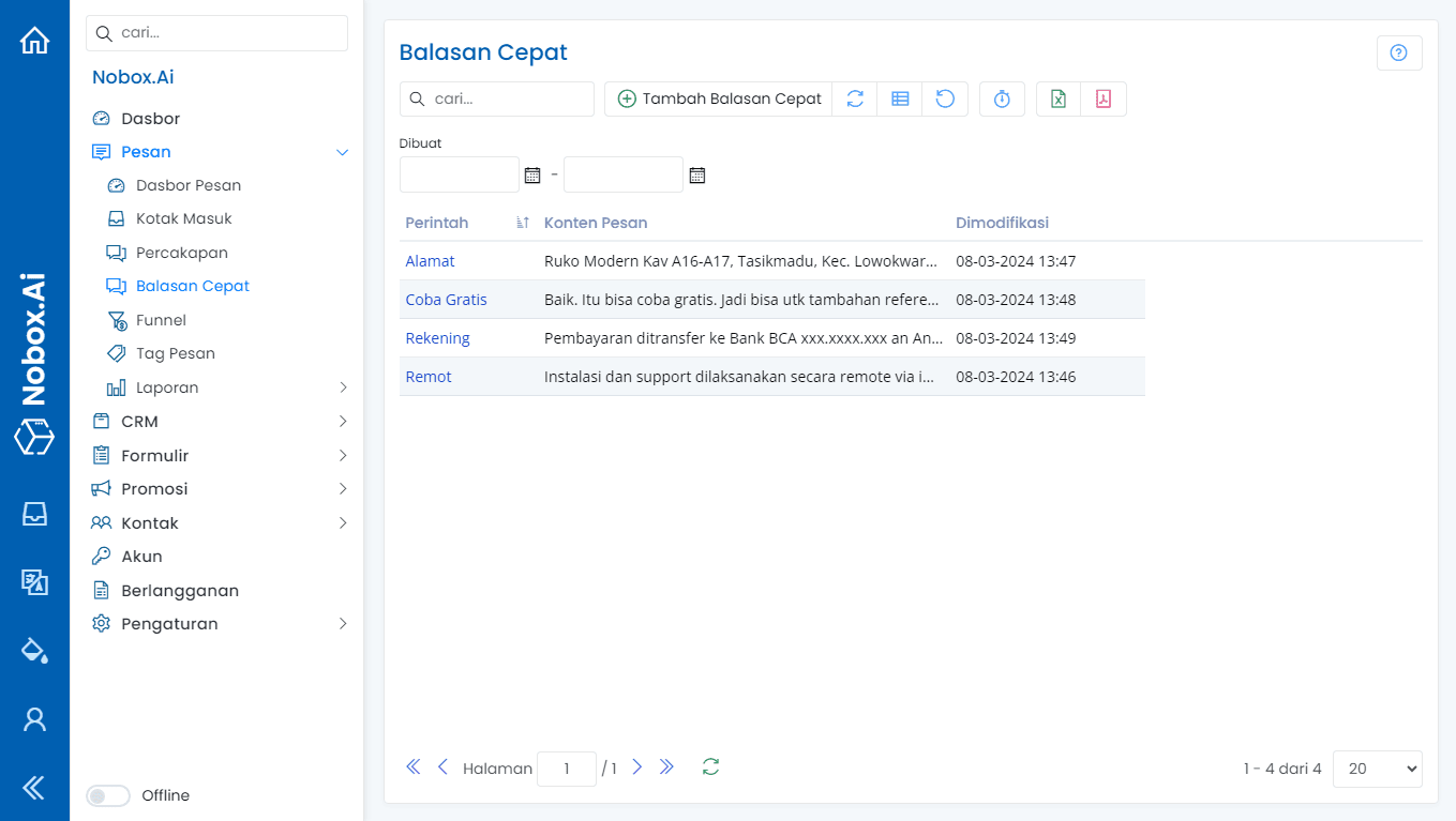 Tampilan Menu Balasan Cepat