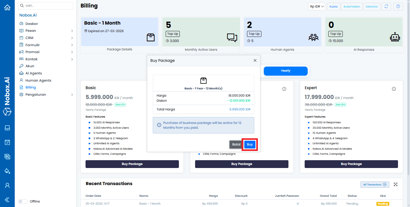 Tampilan Menu Billing