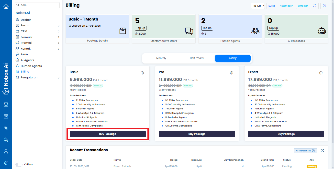 Tampilan Menu Billing