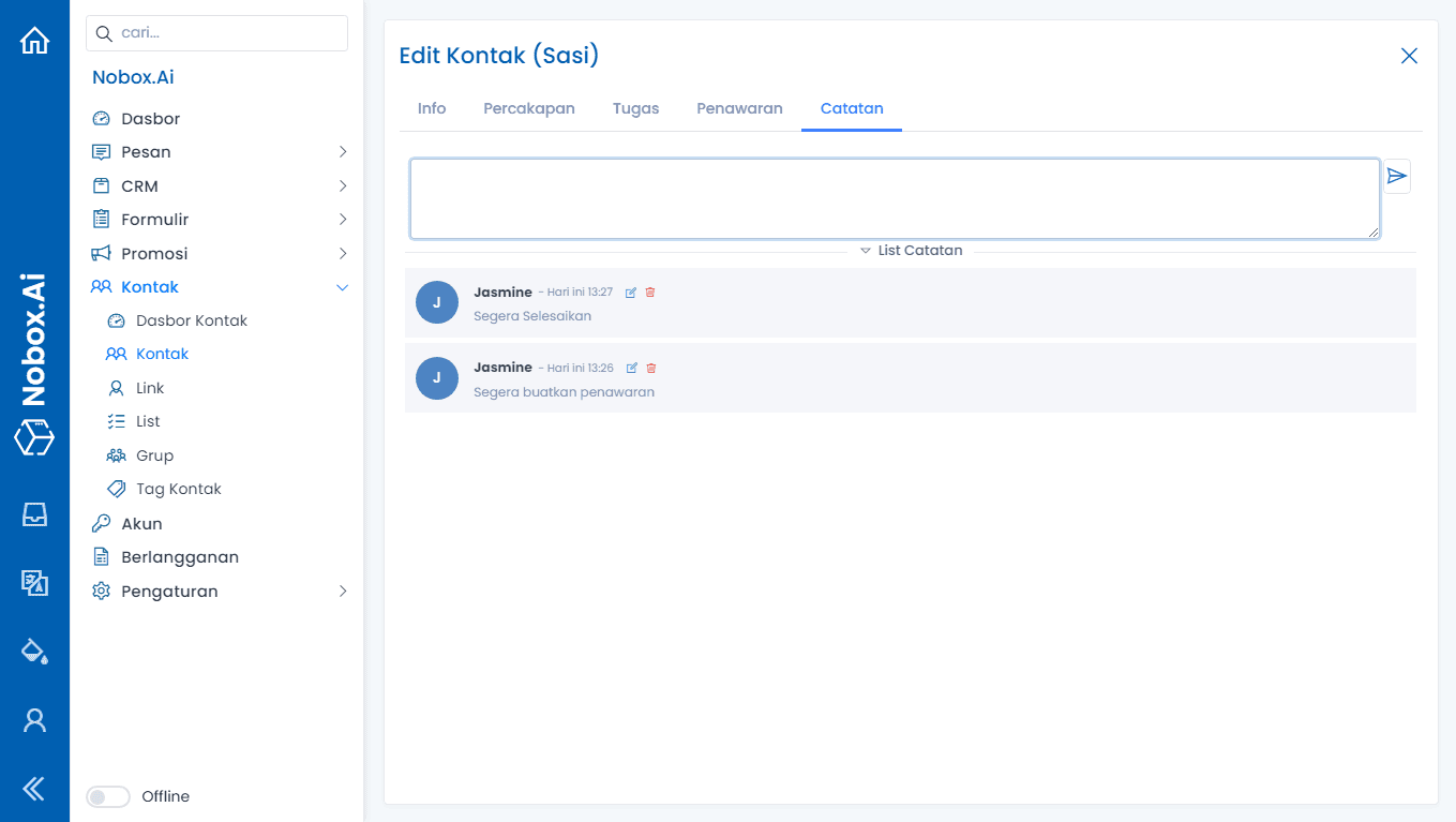 Tab Catatan pada Data Kontak