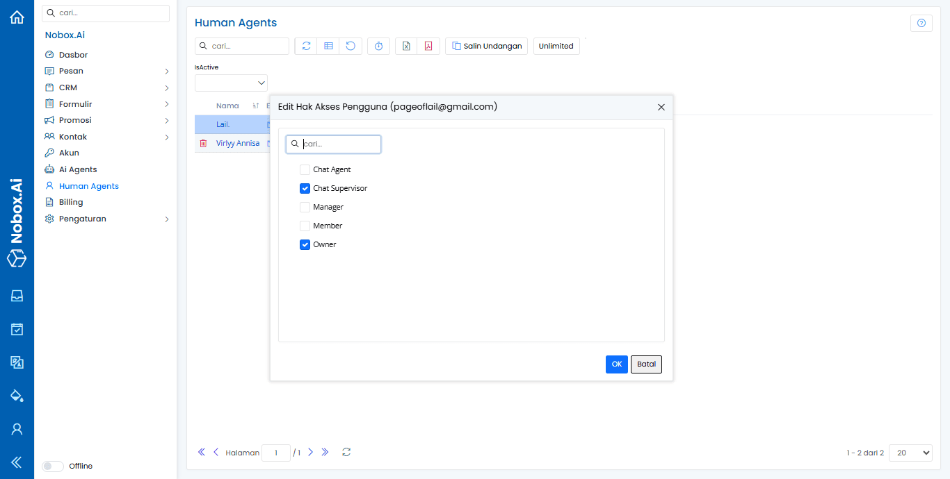 Tampilan Menu Human Agent
