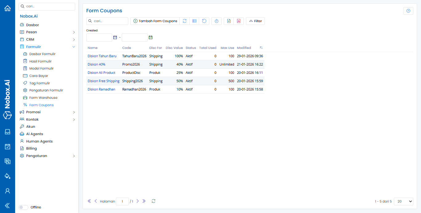 Tampilan Dasbor NoBox