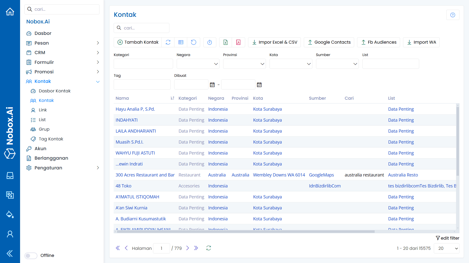 Tampilan Menu Kontak NoBox