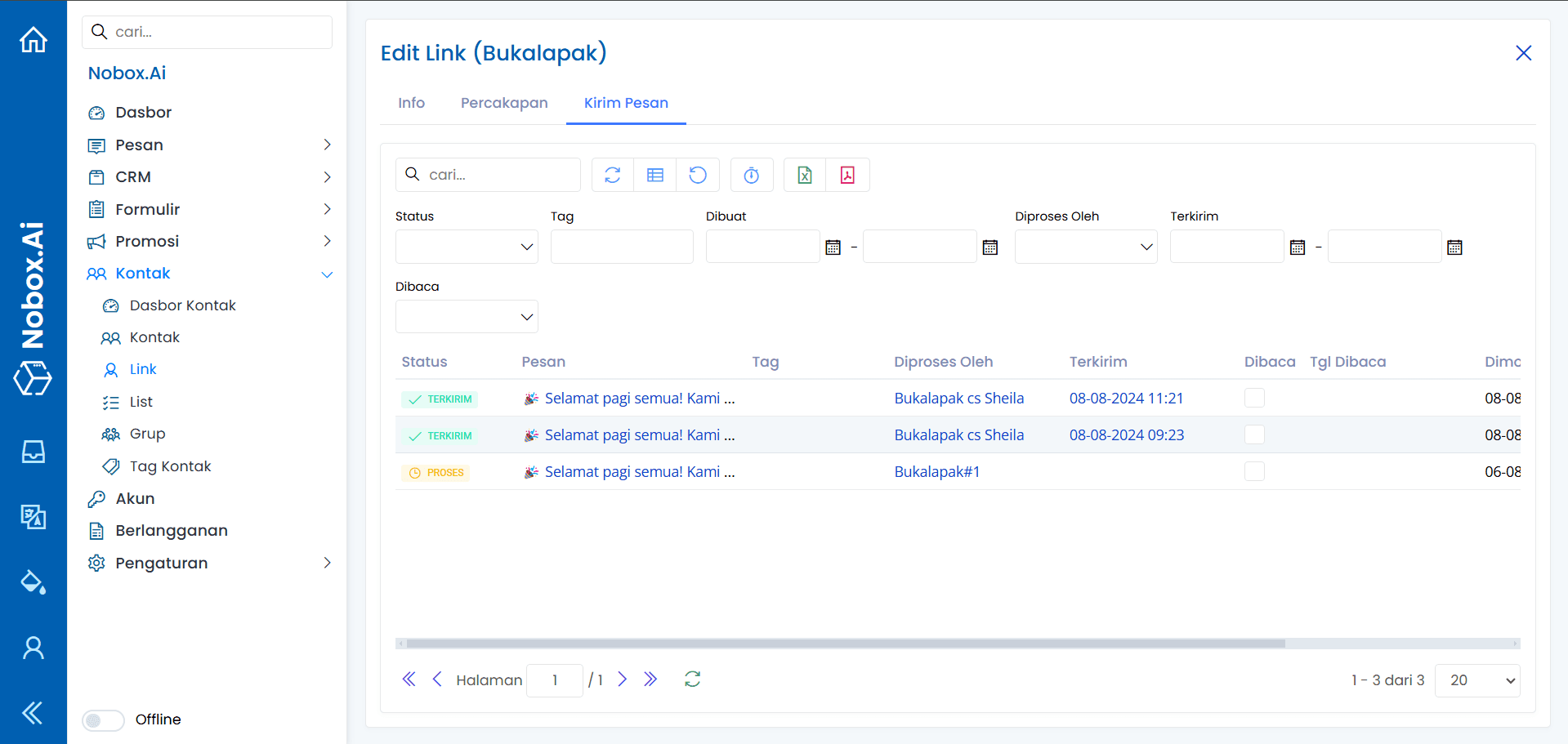 Tab Kirim Pesan pada Data Link