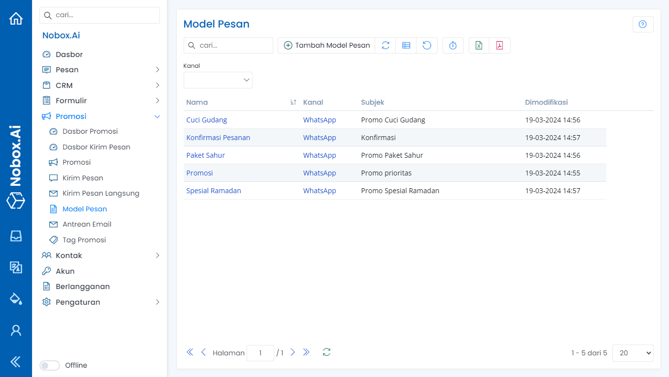 Tampilan Menu Model Pesan