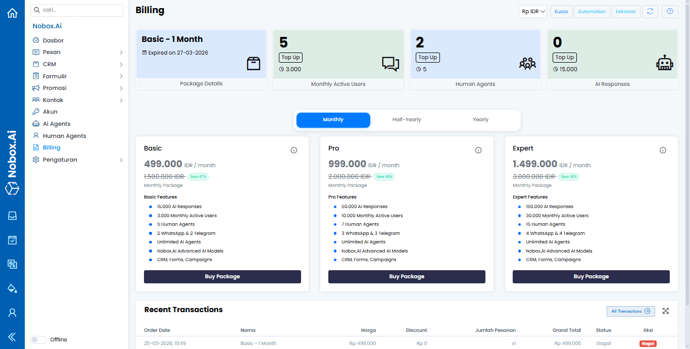 Tampilan Menu Billing