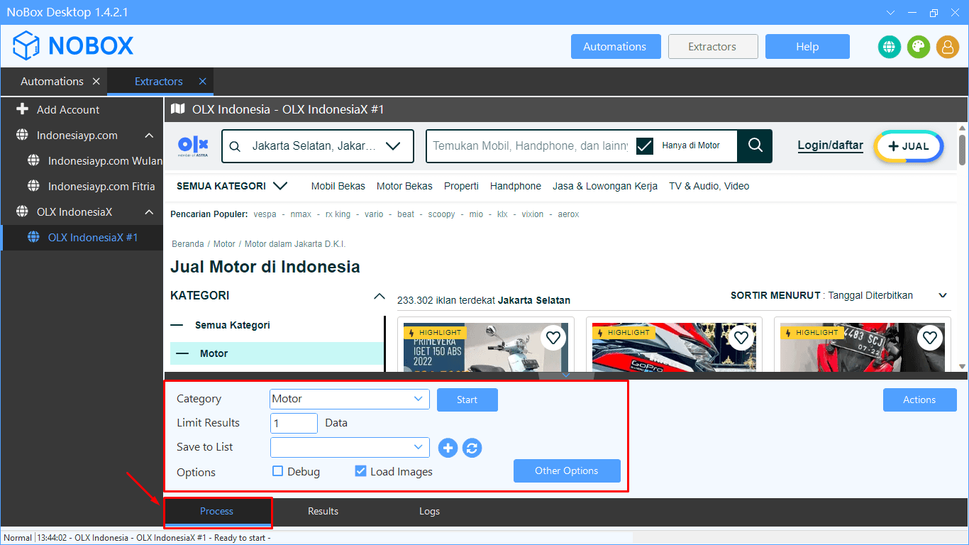 Halaman Konfigurasi Process OLX