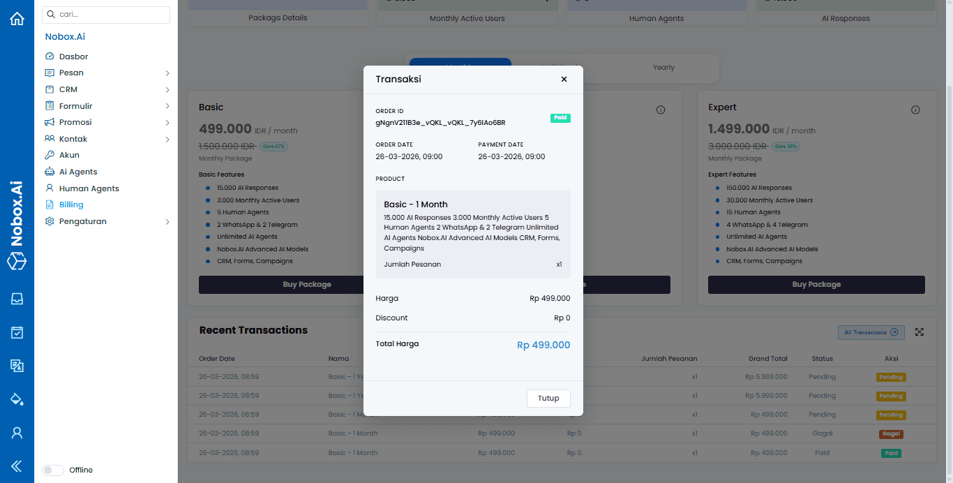 Tampilan Menu Billing