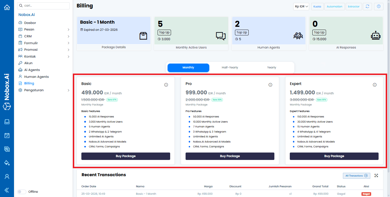 Tampilan Menu Billing