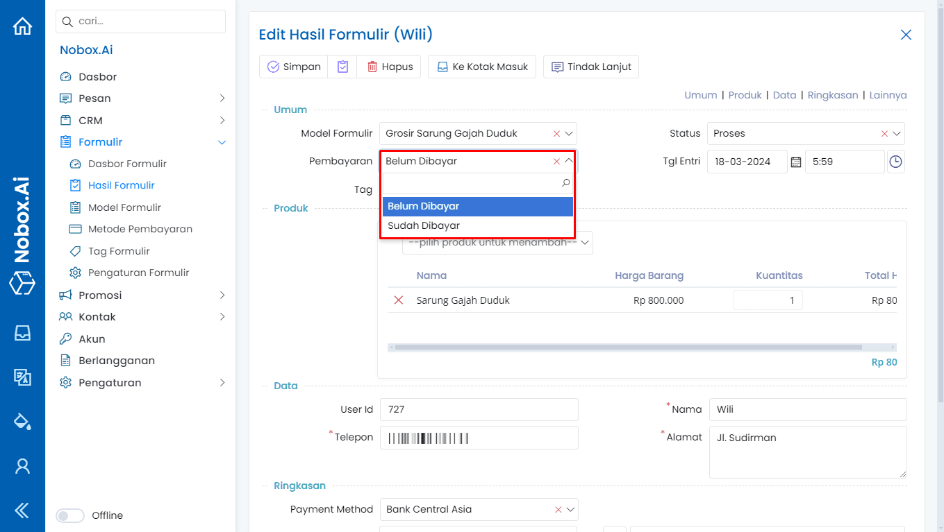 Tampilan Dasbor NoBox