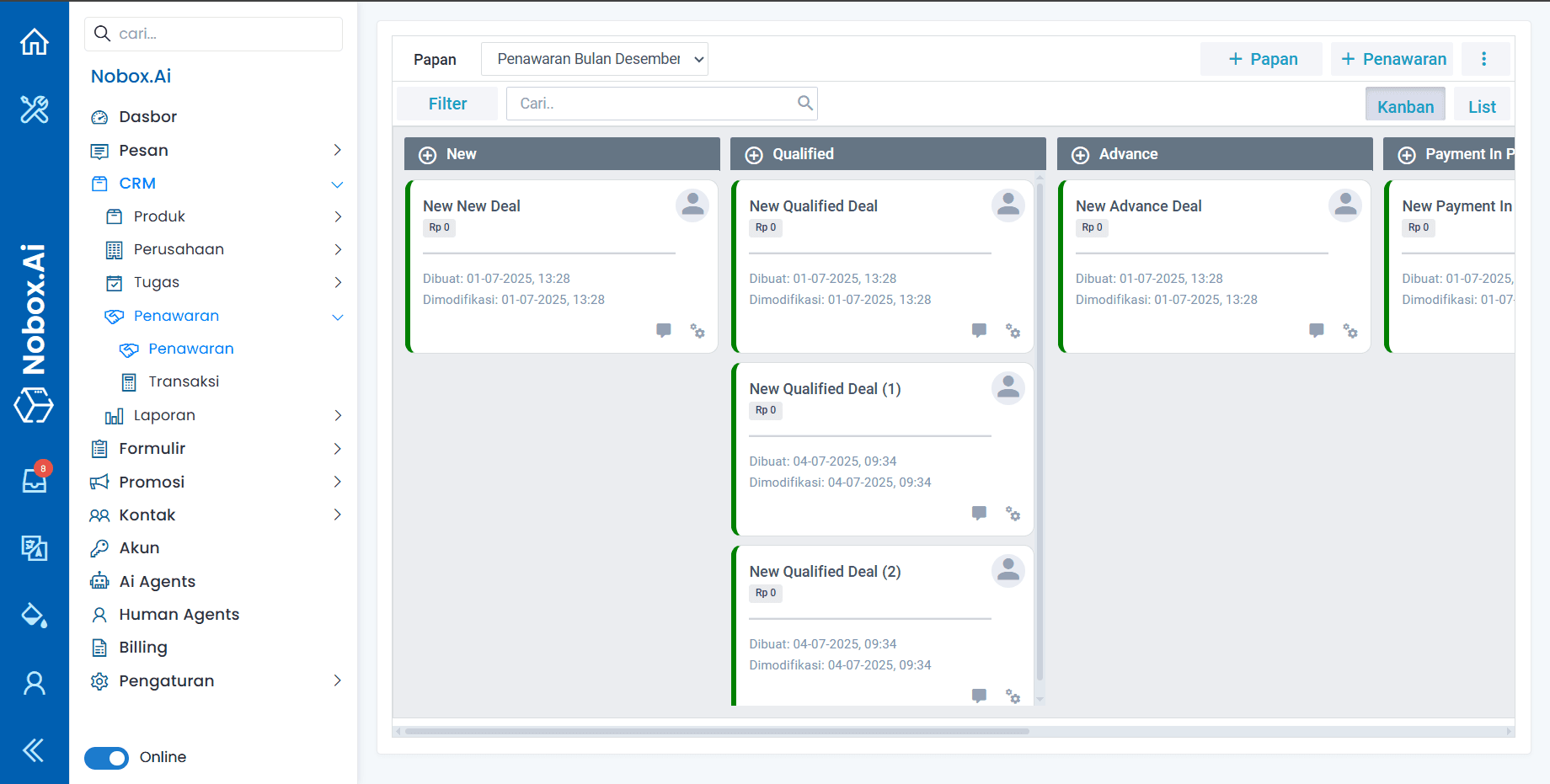 Tampilan Kanban Penawaran