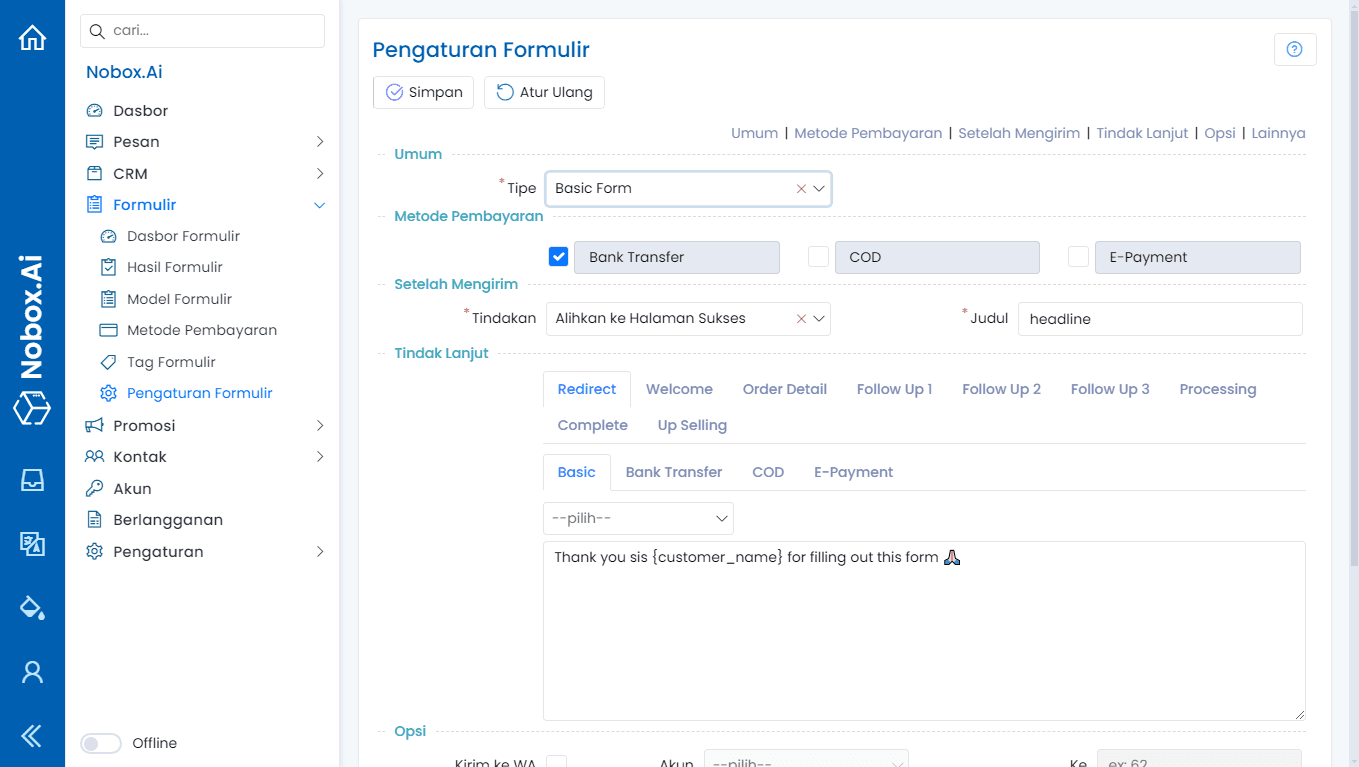 Tampilan Pengaturan Formulir