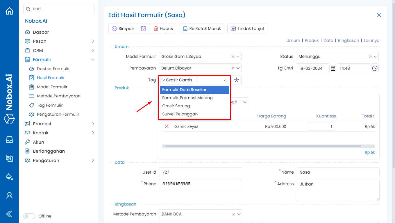 Penggunaan Tag di Hasil Formulir