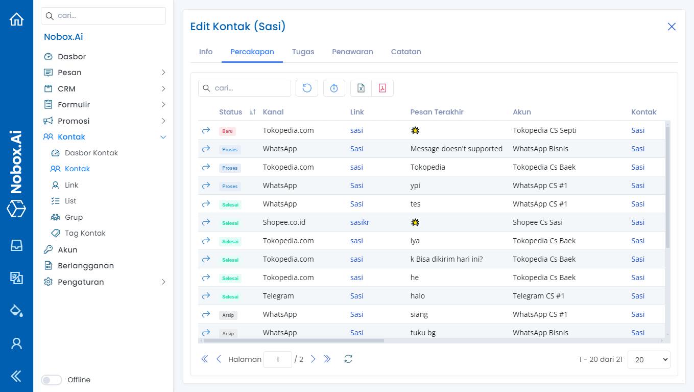 Tab Percakapan pada Data Kontak