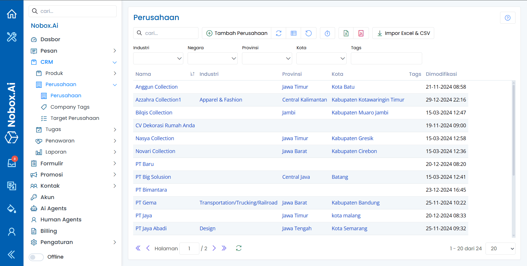 Tampilan Menu Perusahaan