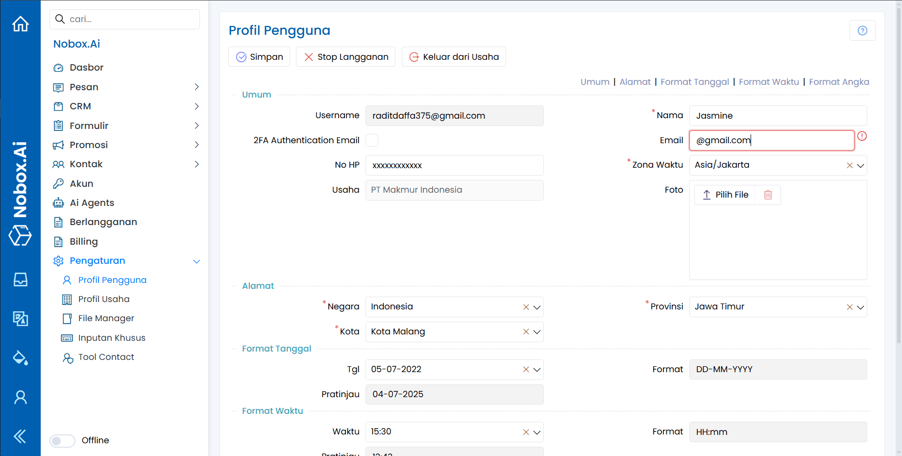 Tampilan Menu Profil Pengguna