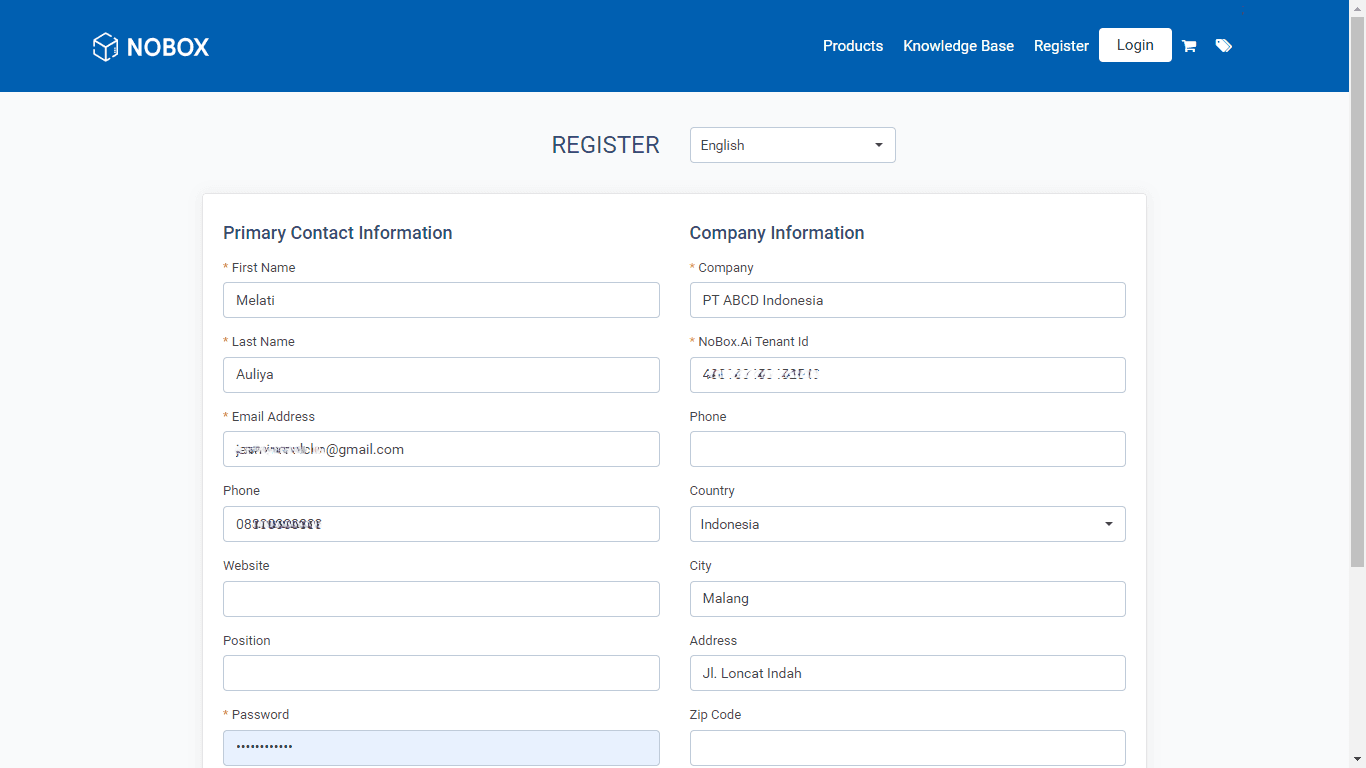 Halaman Registrasi CRM NoBox