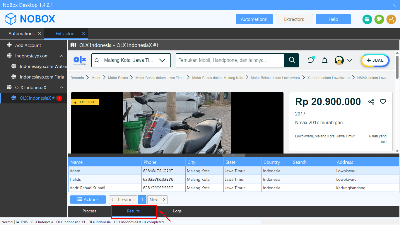 Halaman Hasil Data OLX