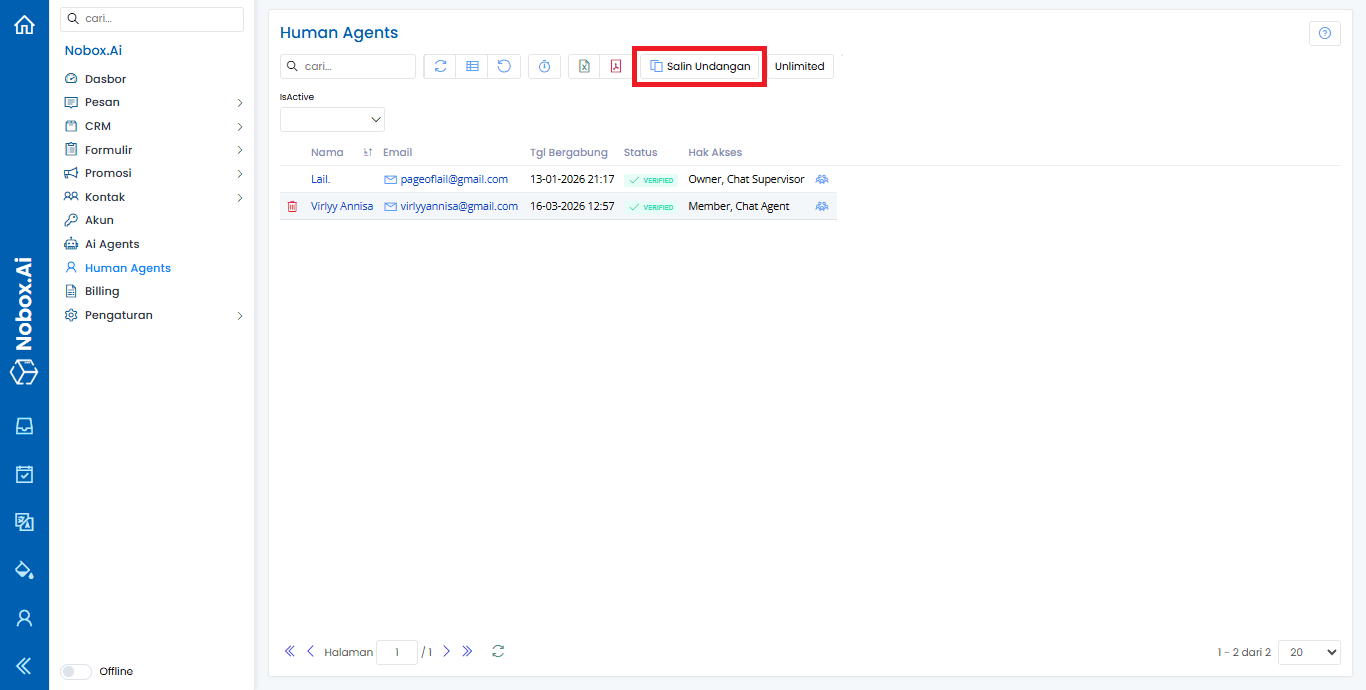 Tampilan Menu Human Agent