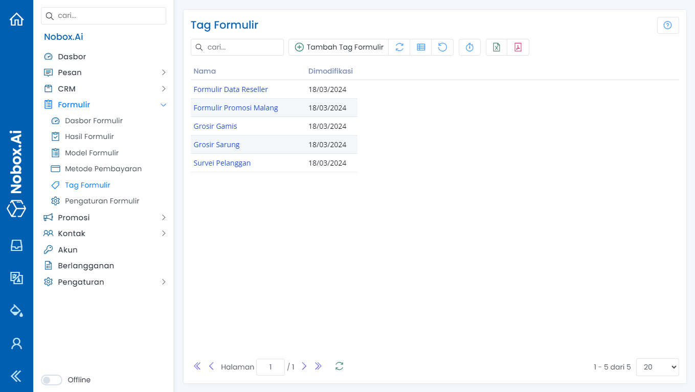 Tampilan Dasbor NoBox