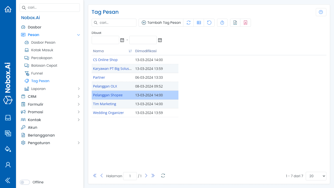 Tampilan Menu Tag Pesan