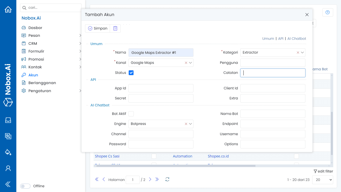 Tambah Akun Extractor