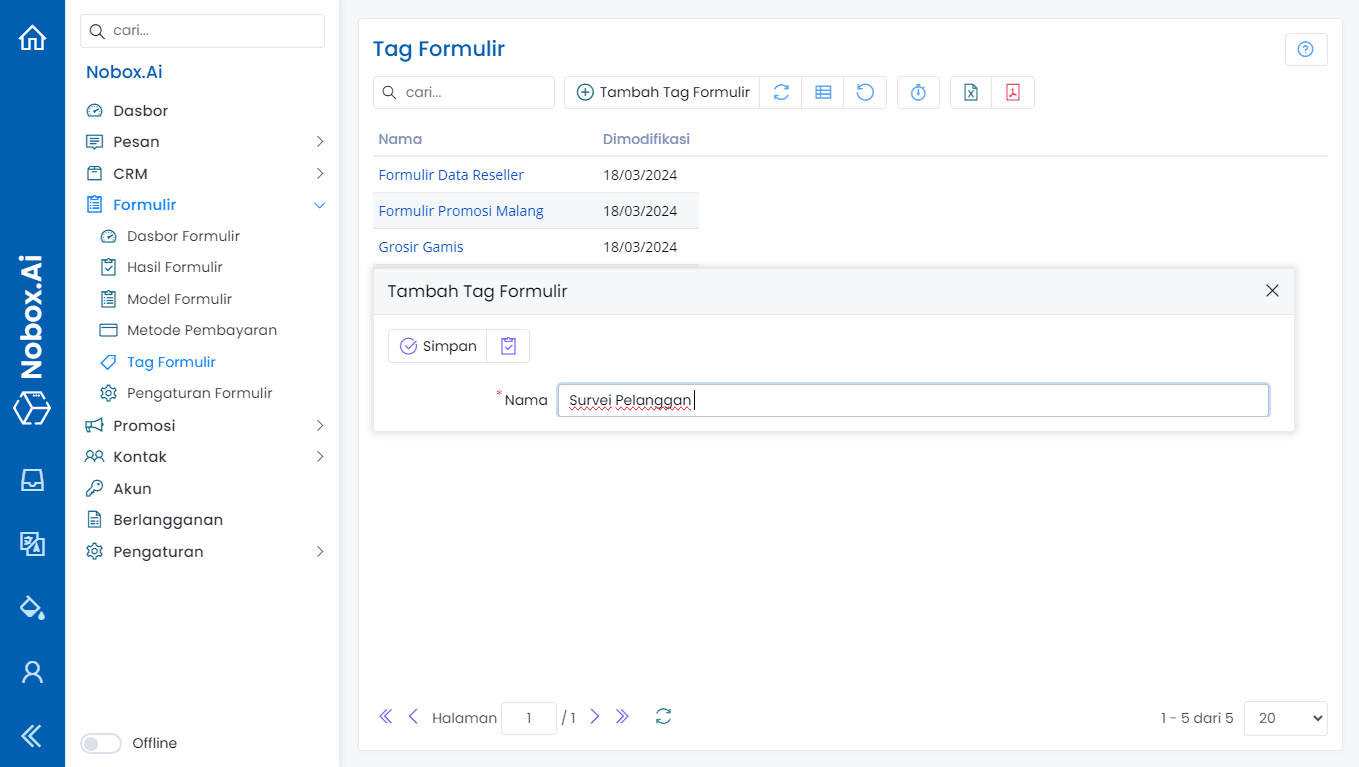 Tampilan Tambah Tag Formulir