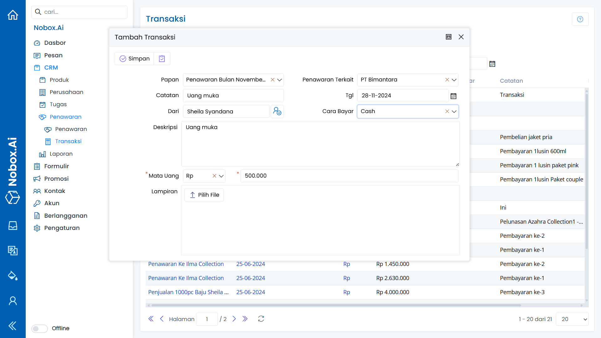 Tampilan Dasbor NoBox