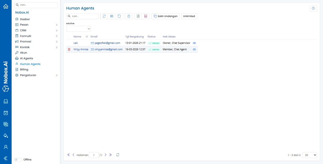 Tampilan Menu Human Agent