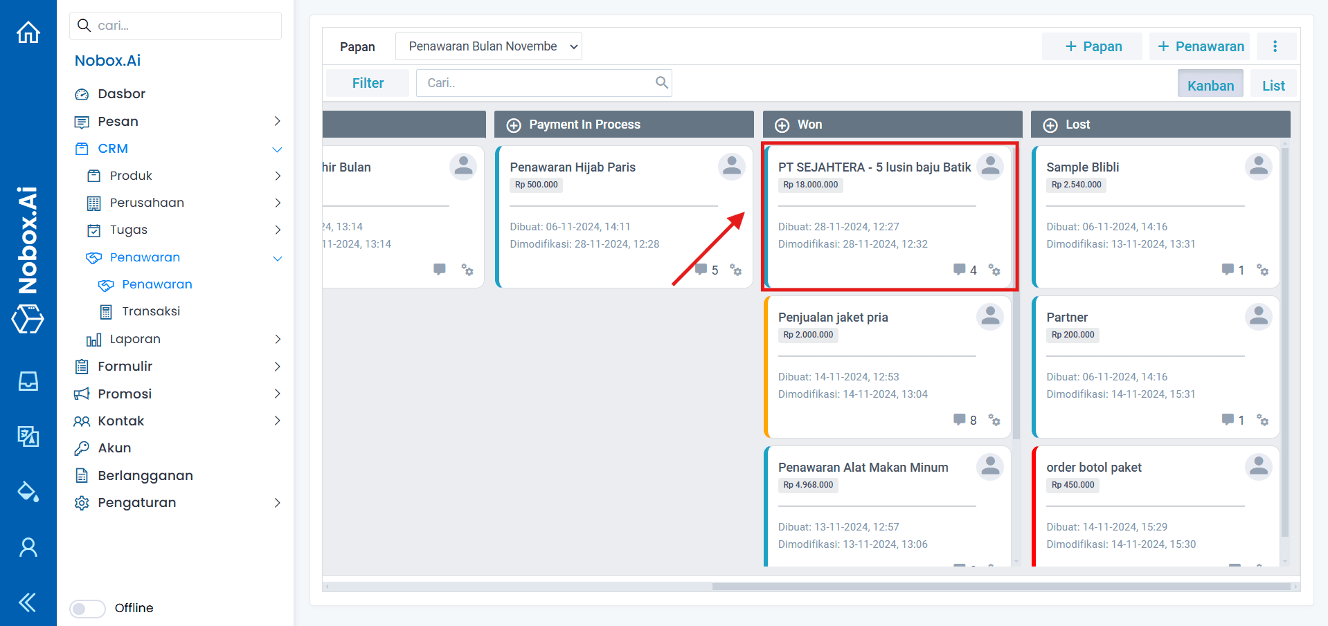 Tampilan Dasbor NoBox
