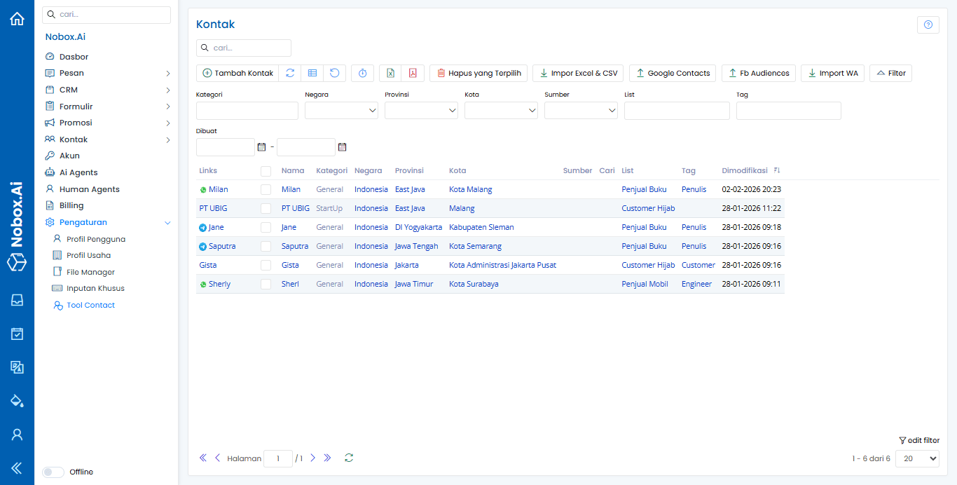 Tampilan Menu Tool Contact