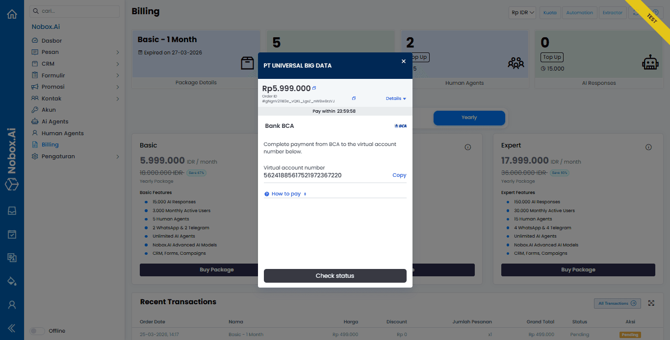 Tampilan Menu Billing