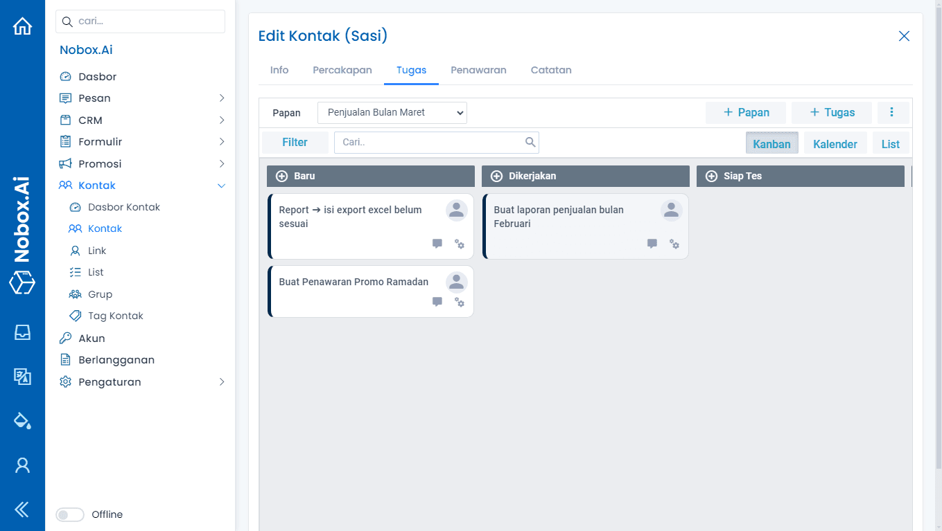Tab Tugas pada Data Kontak