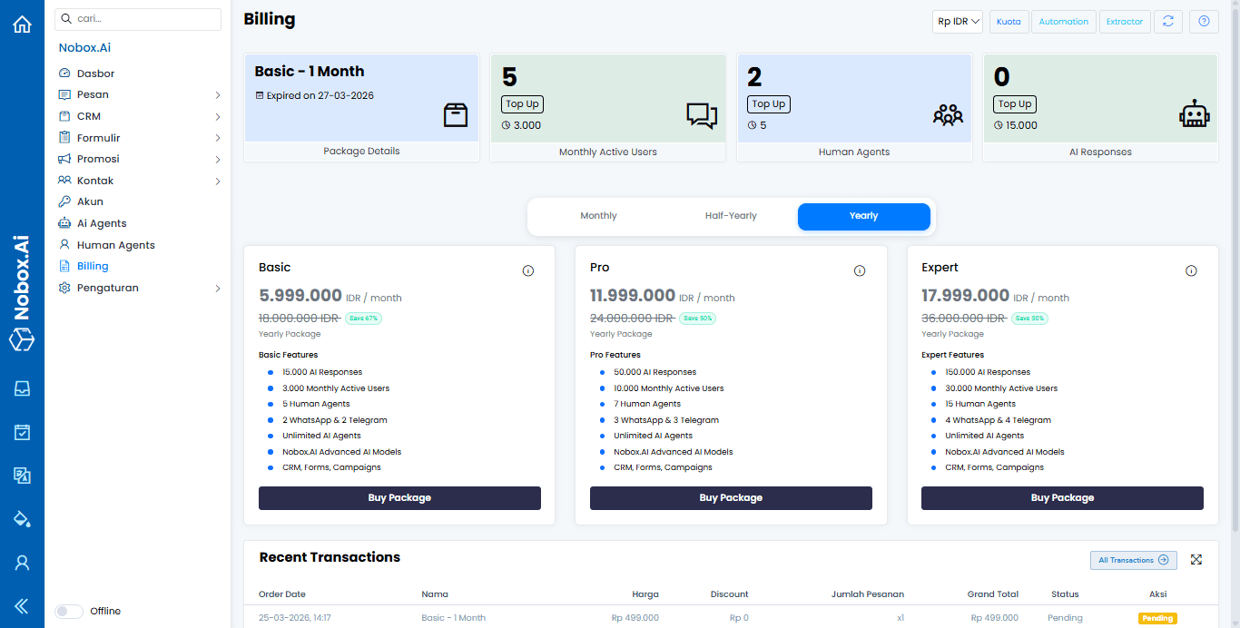 Tampilan Menu Billing