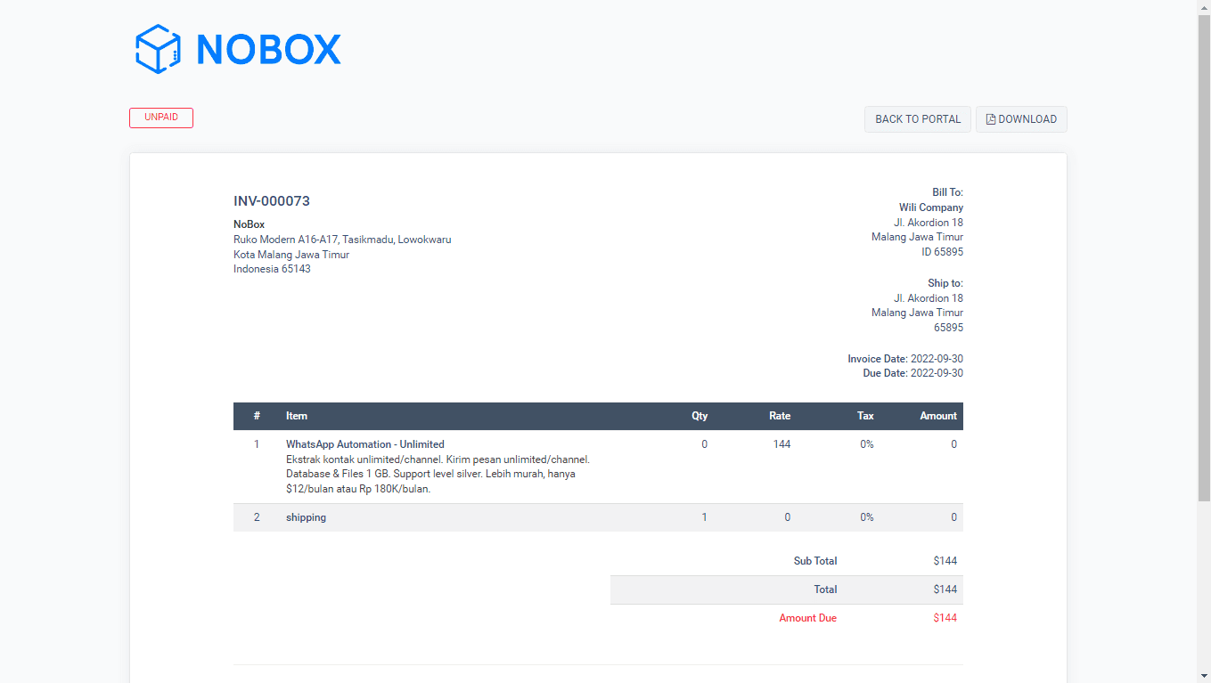 Tampilan Invoice Pesanan