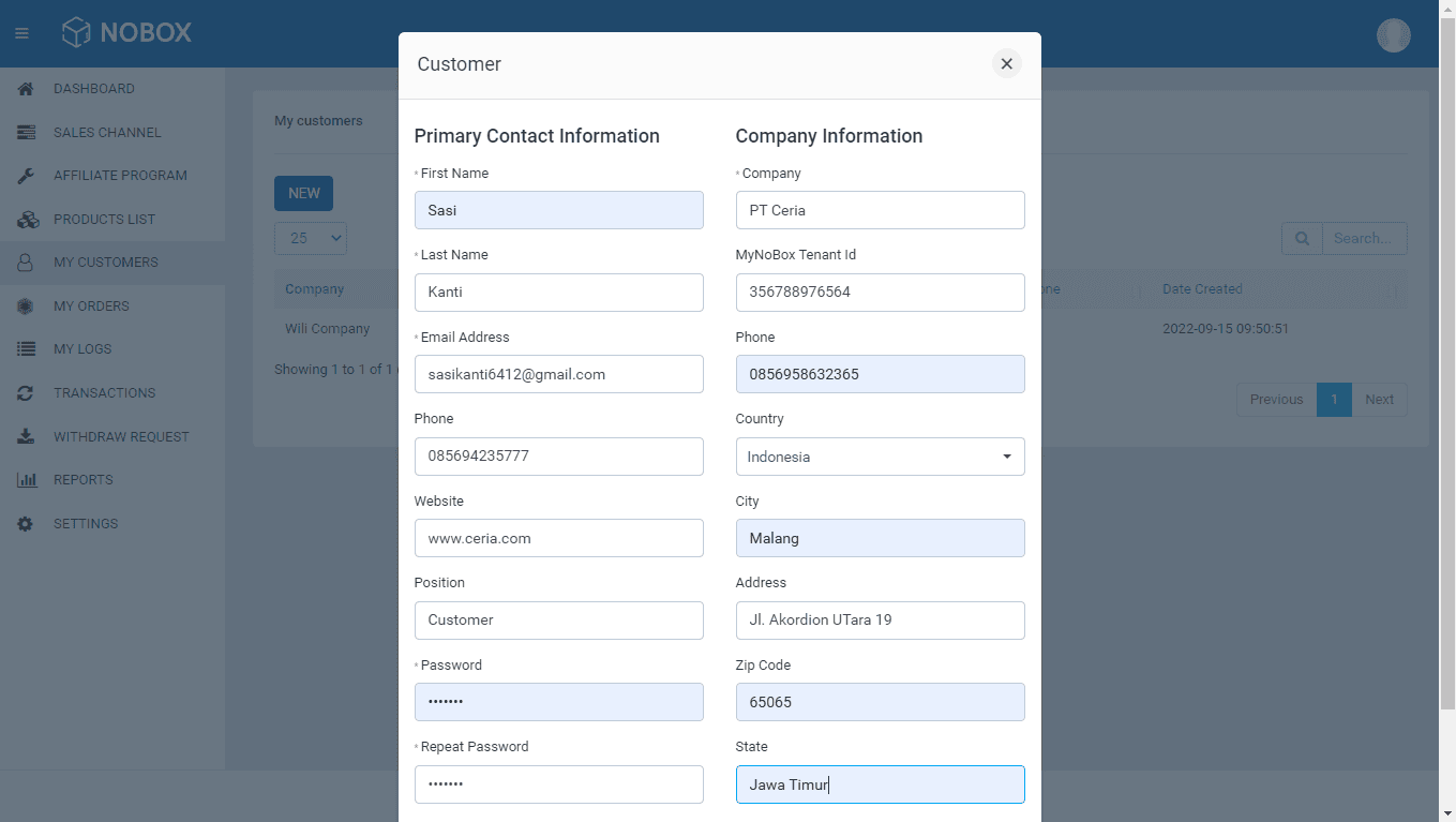 Tambah Data Customer Affiliate