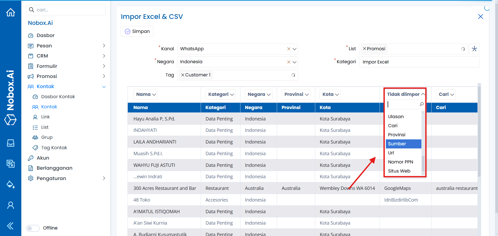 Mapping Data Excel ke Field NoBox