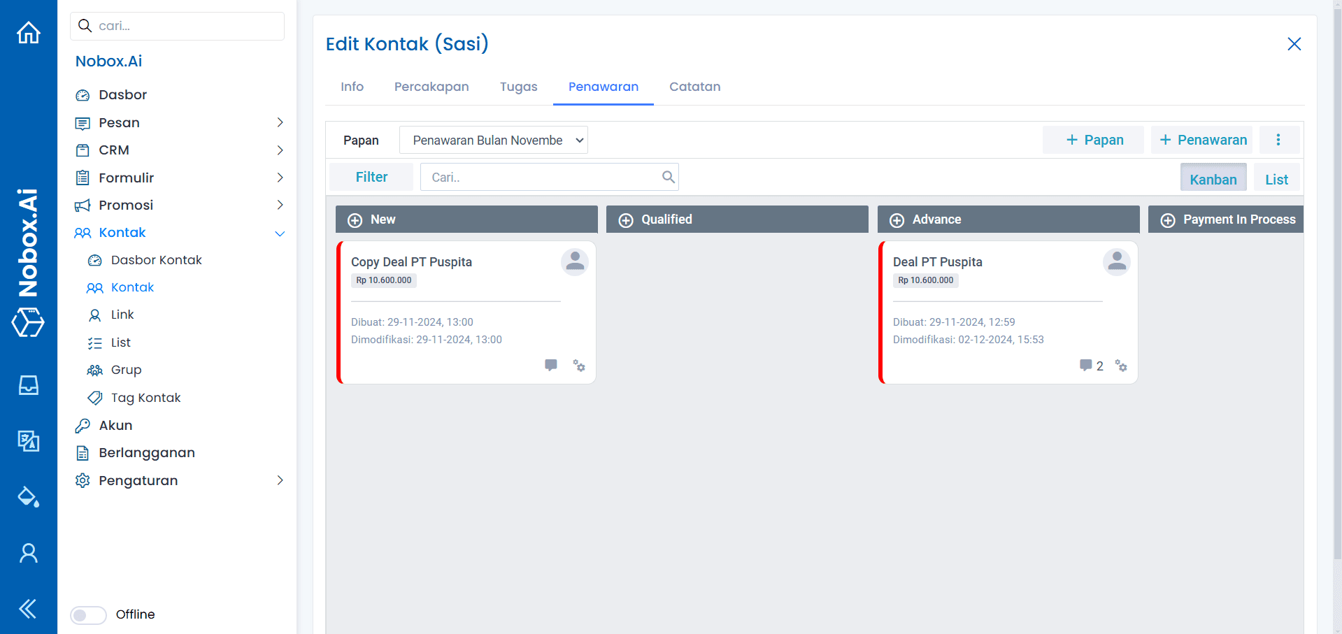 Tab Penawaran pada Data Kontak