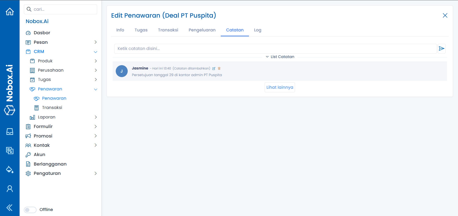 Tampilan Catatan Penawaran