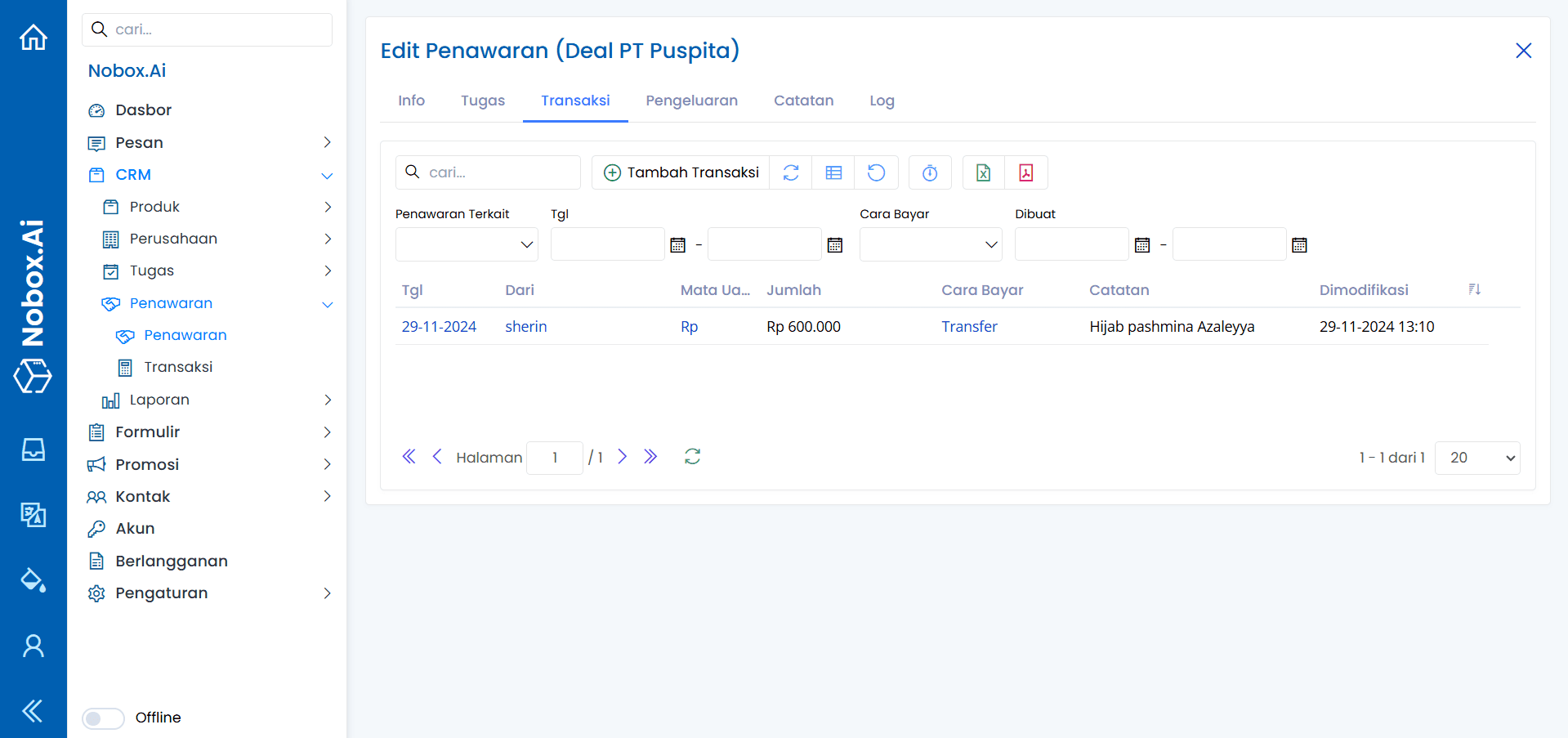 Tampilan Transaksi Penawaran